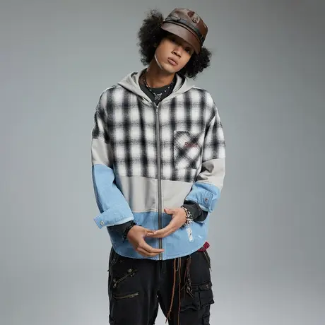 街头潮牌拼接格子连帽外套男士春款复古百搭设计感情侣装宽松夹克图片