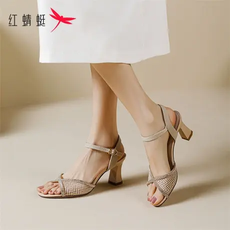 红蜻蜓一字带凉鞋女2023年新款女士高跟鞋夏季配裙子夏天时装女鞋商品大图