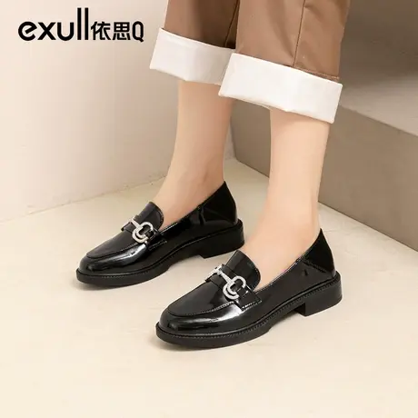 exull依思q黑色皮鞋新款圆头系带面试通勤女鞋软底粗跟漆皮jk单鞋商品大图