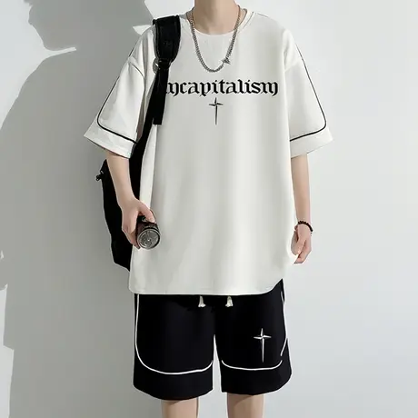 冰丝短袖t恤男夏季薄款美式休闲运动套装男青少年宽松帅气两件套商品大图