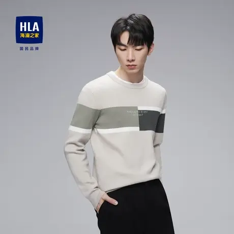 HLA/海澜之家撞色色块长袖针织衫字母刺绣修身圆领弹力套头毛衣男图片