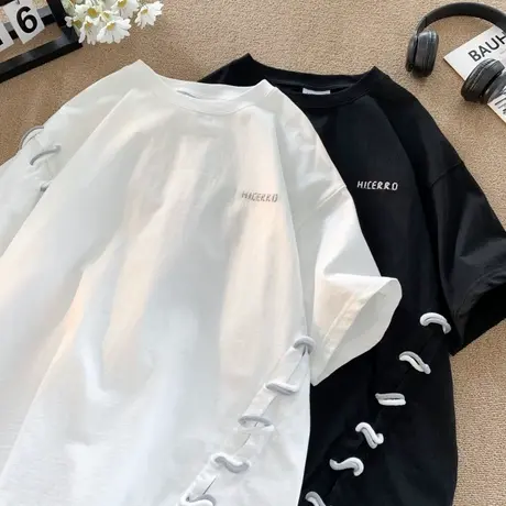 夏季透气薄款字母刺绣短袖T恤男潮流设计感宽松个性穿绳休闲衣服商品大图