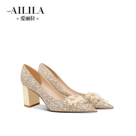 爱丽拉香槟色粗跟婚鞋女2023新款孕妇新娘主婚纱水晶高跟鞋不累脚商品大图