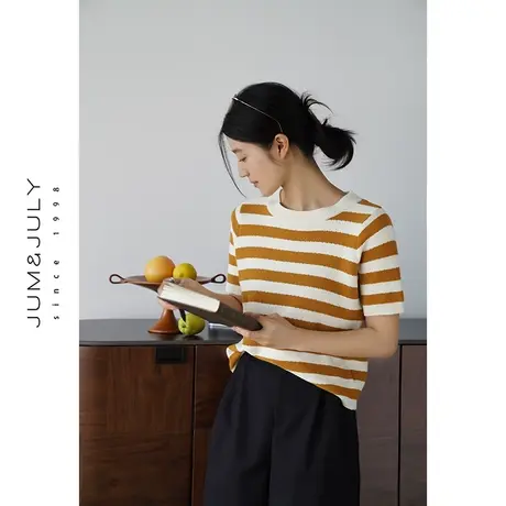 嘉茱莉2023秋季新款条纹针织短袖女短款纯棉针织T恤小众套头上衣商品大图