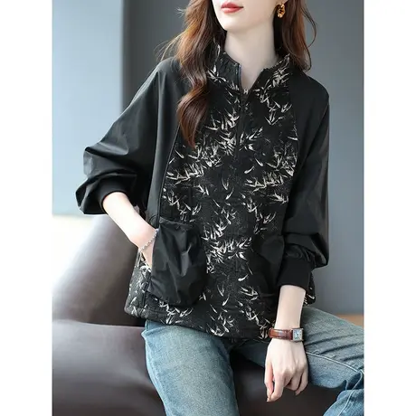 宝诗黎立领印花拼接蝙蝠长袖套头卫衣女早秋宽松口袋上衣2023新款商品大图