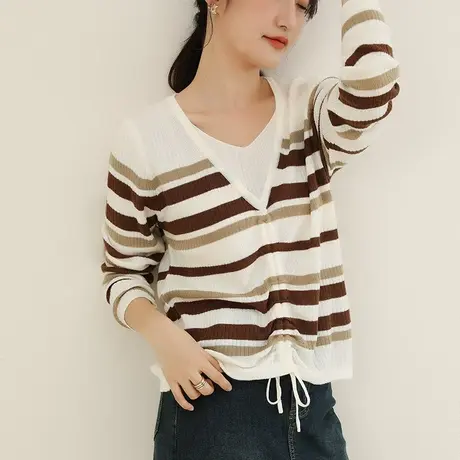 韩潮袭人假两件条纹毛衣女2023秋季新款薄款长袖打底针织衫上衣商品大图