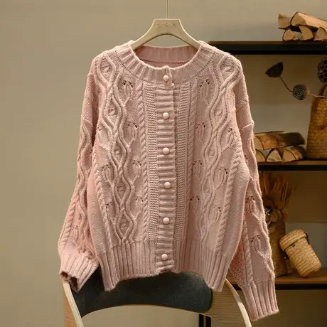 享永子【南风知我意】圆领绞花针织开衫女春秋软糯毛衣外套商品大图