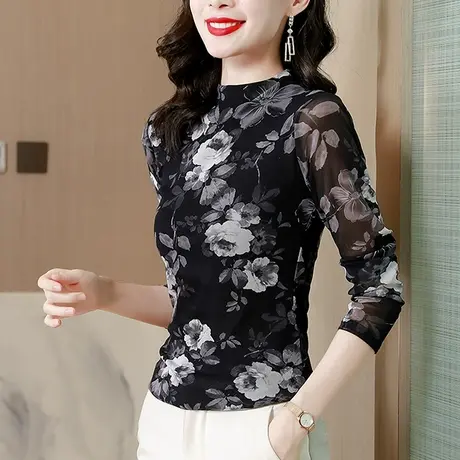 气质网纱T恤女长袖复古时尚妈妈装上衣加绒半高领打底衫内搭修身商品大图