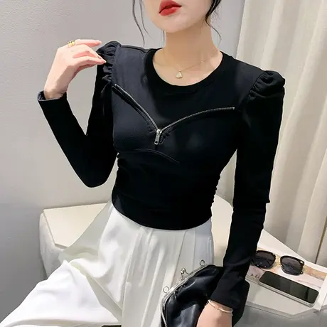 2023秋装新款设计感拉链上衣女长袖高腰短款T恤洋气紧身打底衫潮商品大图