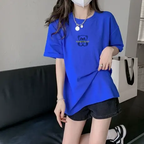 克莱因蓝短袖t恤女夏装2023年新款ins潮牌宽松中长款纯棉半袖上衣商品大图