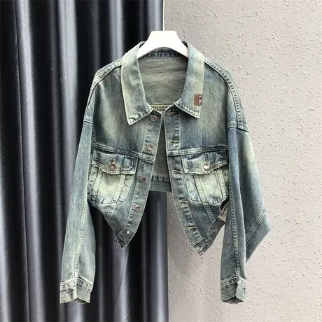 港风复古蝙蝠袖牛仔短外套女2023秋季新款bf宽松显瘦单排扣上衣潮图片