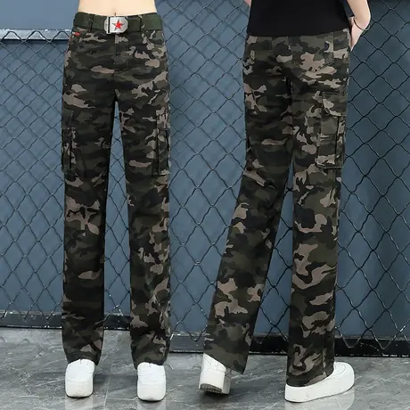 迷彩工装裤女高腰卫裤大码2023春款小个子工作裤休闲野营直筒长裤商品大图