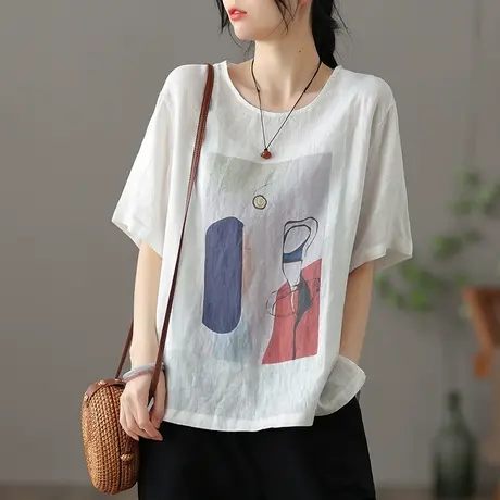 dza 复古薄款棉麻上衣女士短袖t恤夏季新款宽松棉麻短款打底体恤商品大图