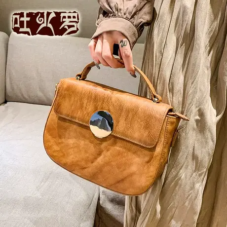 吐火罗女包2021新款复古真皮包包女斜挎包翻盖邮差包休闲单肩女包图片
