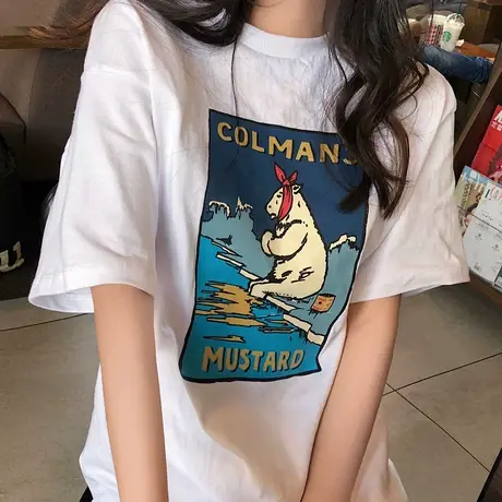原宿白色短袖T恤女个性图案2023夏季新款印花宽松休闲ins潮上衣女商品大图