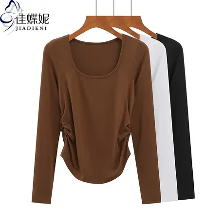 春秋韩版U领修身褶皱下摆圆弧纯棉纯色长袖上衣内搭女装T恤弹力图片