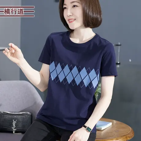 白色圆领印花休闲宽松妈妈装短袖t恤中年上衣打底衫夏装半袖新款商品大图