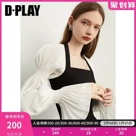 DPLAY春季新款法式复古方领黑白拼色鎏光纱葫芦袖短款上衣商品大图