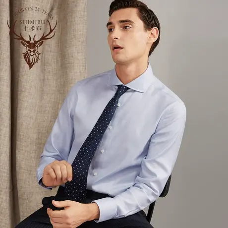 十米布2020升级款100支双股蓝色全棉男士长袖衬衣修身商务纯棉衬图片