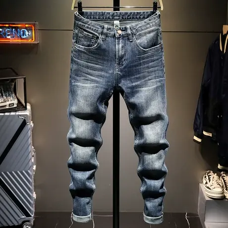 秋季新款水洗牛仔裤男修身小脚百搭男士直筒复古做旧潮牌显瘦男裤图片