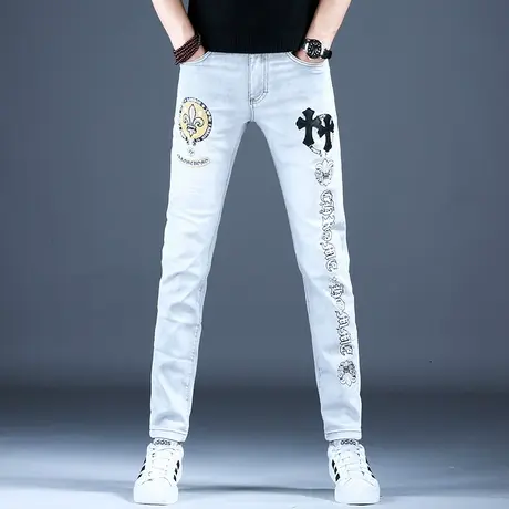 2023男士新款牛仔裤子浅蓝时尚印花修身小脚裤棉弹秋季潮流百搭裤商品大图