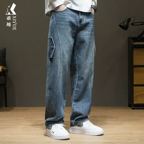 希越Cityboy风牛仔裤男秋季时尚复古拼接直筒裤宽松大码百搭长裤商品大图