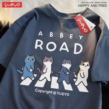 悦游 披头士猫 中性风趣味创意搞笑短袖纯棉t恤男潮流卡通ins宽松图片