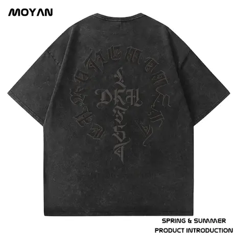 300g重磅纯棉水洗做旧短袖t恤男高街美式复古十字架宽松休闲半袖商品大图