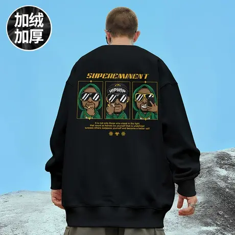 美式嘻哈oversize圆领卫衣男潮牌ins潮流大码男装秋冬季加绒加厚商品大图