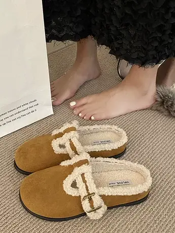 加绒勃肯鞋女包头半拖毛毛拖鞋外穿2023新款秋冬厚底一脚蹬棉拖鞋商品大图