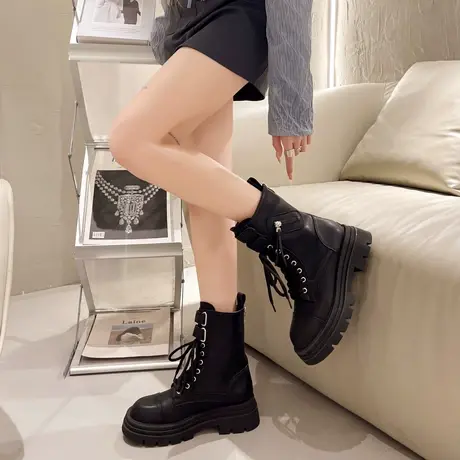 厚底马丁靴女小个子英伦风短靴中筒靴单靴今年流行女款靴子黑色图片
