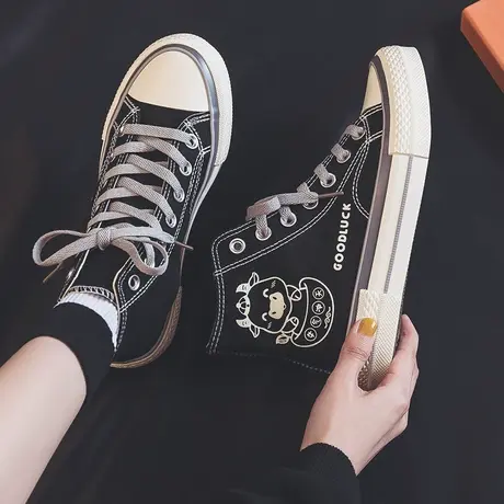 高帮帆布鞋女鞋2023年新款春秋季韩版百搭ulzzang板鞋子印花布鞋图片