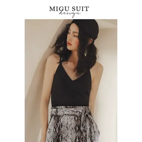 弥古黑色v领网纱吊带美背背心女外穿性感修身内搭打底新款上衣夏图片