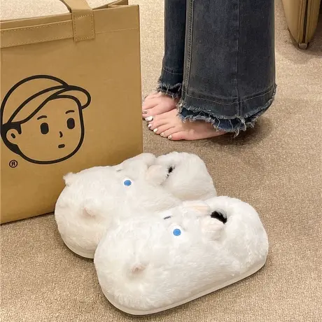 可爱河马棉拖鞋女冬季毛绒保暖棉鞋防滑厚底室内家居全包跟月子鞋商品大图