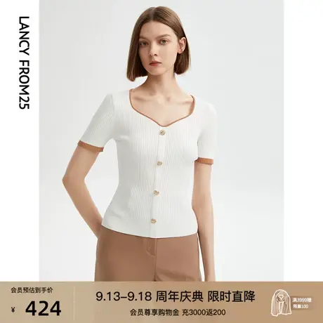 朗姿法式薄款高级感修身短袖针织上衣女2023夏季新款打底毛针织衫商品大图