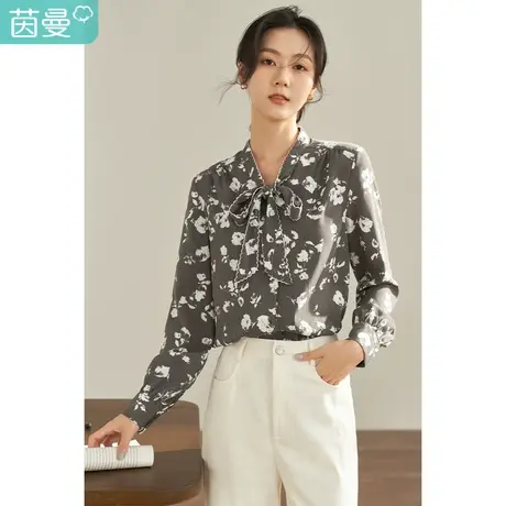 【商场同款】茵曼2023春女装新款复古印花系带领口文艺长袖衬衫图片