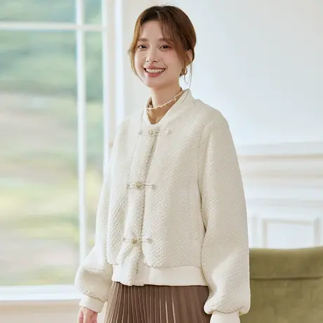 茵曼甜美毛绒短款外套女2023年冬季新款可爱格纹纯色显瘦长袖上衣图片