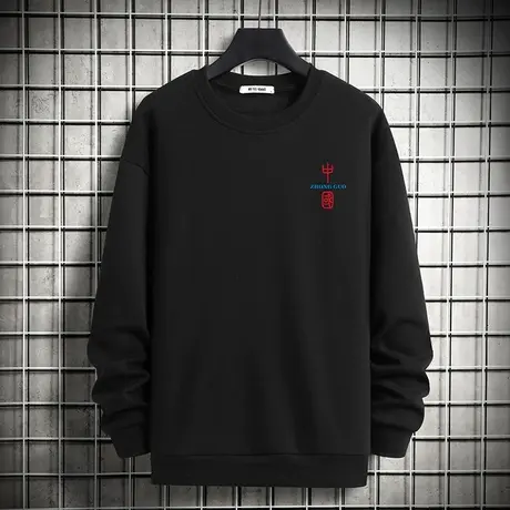 男士卫衣春秋款中国潮流潮牌印花秋季上衣加绒套头无帽黑色长袖男商品大图