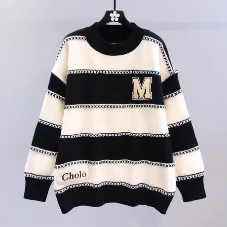 拼色条纹字母毛衣女秋冬2023年新款复古慵懒风宽松外穿针织衫上衣图片