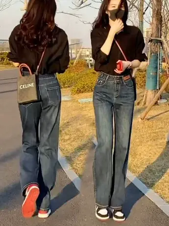 复古深蓝色牛仔裤女2023新款春季高腰阔腿裤宽松显瘦拖地直筒裤子商品大图