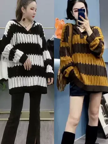 2023早秋新款设计感时尚宽松高级拼色抽绳连帽长袖套头针织衫女士商品大图