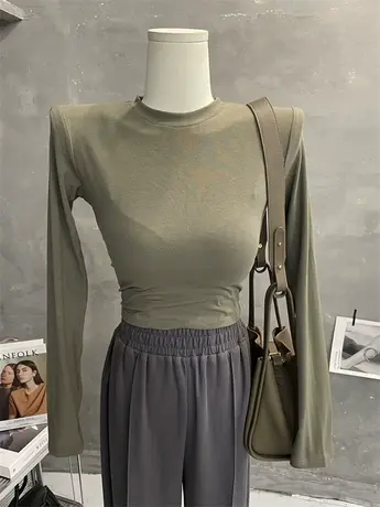 喜欢穿～百搭纯色长袖打底衫t恤女紧身短款上衣圆领内搭秋季商品大图