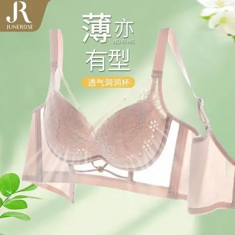 六月玫瑰超薄洞洞杯内衣女大胸显小性感蕾丝文胸聚拢防下垂胸罩夏商品大图
