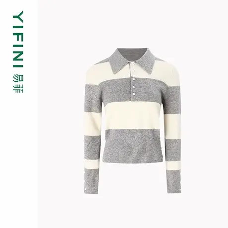 [专柜同款]Yifini/易菲100%绵羊毛条纹针织POLO衫百搭叠穿毛衫女商品大图