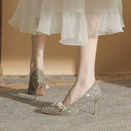 法式婚鞋女2023新款红色新娘高跟鞋秀禾敬酒服出门水晶鞋气质单鞋商品大图