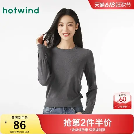 热风圆领打底衫2024年秋季新款女士修身针织衫黑色条纹内搭毛衣女商品大图