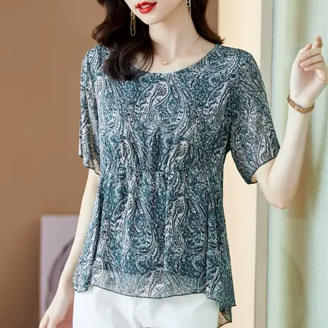 大码宽松雪纺衫女夏季2023年新款印花收腰遮肚子洋气女士短袖小衫商品大图