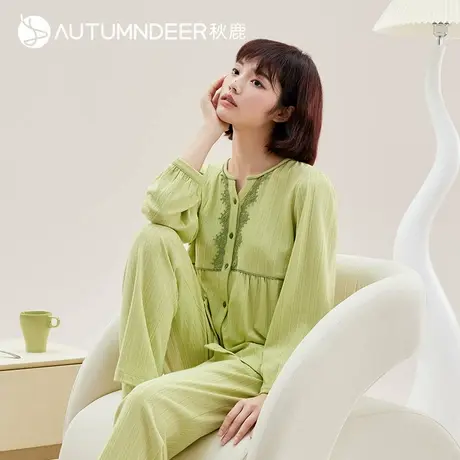 秋鹿纯棉提花超柔软蕾丝圆领秋季睡衣女款长袖长裤女生家居服套装商品大图