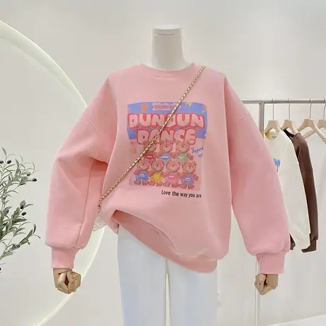 小熊印花加绒卫衣女2022秋冬新款宽松休闲卡通印花减龄圆领上衣商品大图