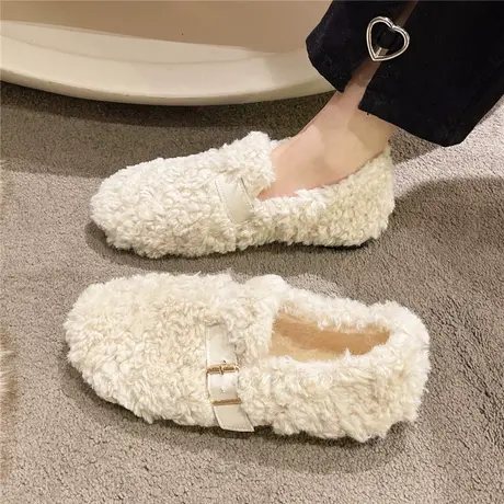 毛毛鞋女秋冬外穿平底2023新款孕妇羊羔毛加绒皮带扣豆豆懒人棉鞋商品大图